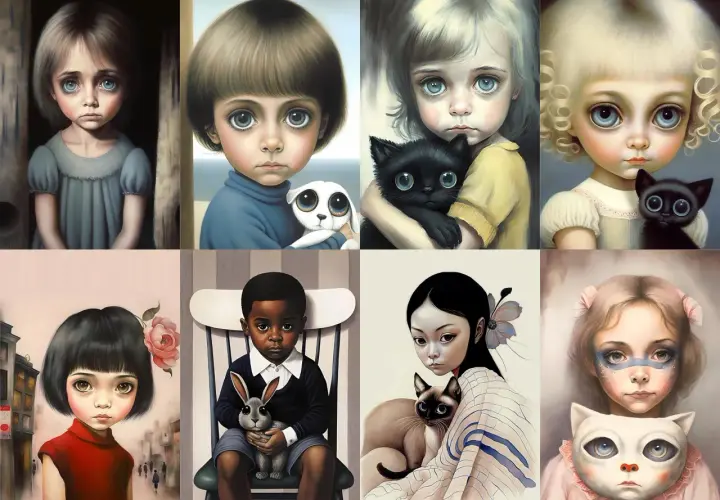 Kolekcja obrazów w stylu Margaret Keane, z wielkimi oczami dzieci i zwierząt. Sprawdź margaret keane obrazy cena.