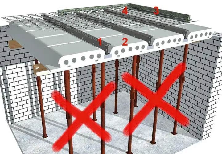Stahlbetondecke dicke: Hohlkammerplatten werden auf Stützen montiert, bevor Beton gegossen wird. Rote Kreuze zeigen falsche Stützmethoden.