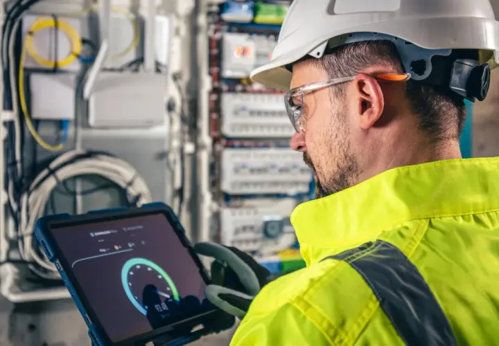 Técnico revisa datos en tablet, cerca de paneles y cables. La pantalla muestra un medidor, indicando el rendimiento de los generadores de calor.