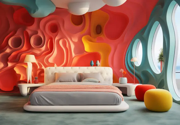 Dormitorio moderno con pared ondulada en tonos coral y amarillo. Cama blanca con ropa de cama gris y manta coral. Inspiración para modernos rayas en el pelo para niños.