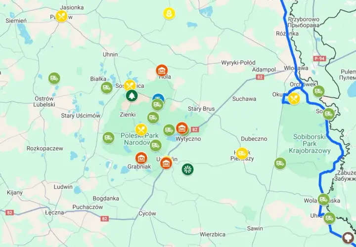 Mapa turystyczna Polesie Lubelskie z zaznaczonymi atrakcjami, szlakami i parkingami. Widoczne m.in. Poleski Park Narodowy i Sobiborski Park Krajobrazowy.