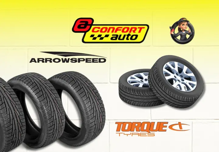 Neumáticos de varias marcas: ARROWSPEED, TORQUE TYRES y CONFORT AUTO.