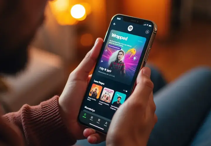 Osoba przegląda Spotify Wrapped na telefonie, odkrywając swoje muzyczne podsumowanie roku.