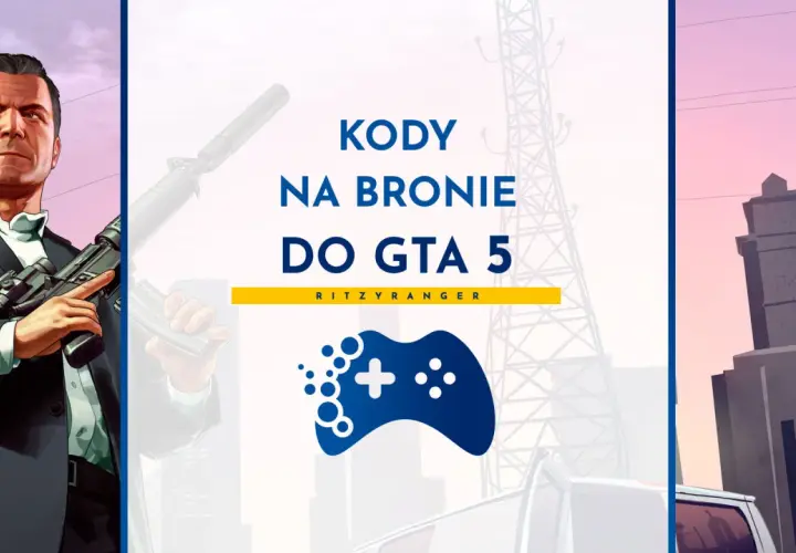 Michael z GTA 5 trzyma broń. Obok tekst "Kody na bronie do GTA 5" i logo z padem.