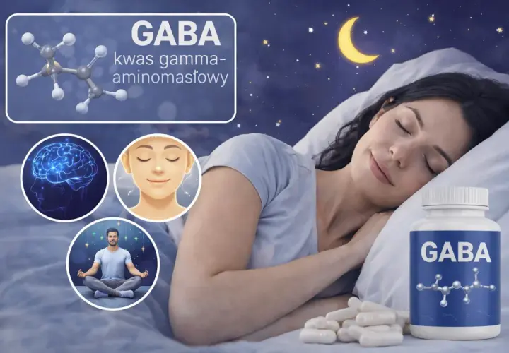 Kwas gamma-aminomasłowy (GABA) wspiera spokojny sen. Na obrazie kobieta śpi, obok butelka suplementu GABA i kapsułki.