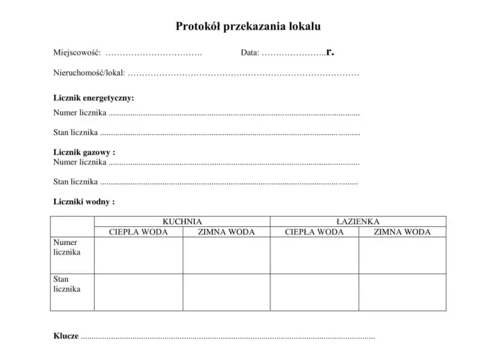 Formularz protokół zdawczo odbiorczy lokalu, zawiera pola na dane nieruchomości, liczniki (energetyczny, gazowy, wodne w kuchni i łazience) oraz klucze.