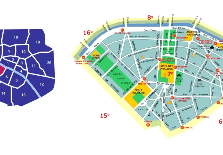 Mapa Paryża z zaznaczonymi dzielnicami. 7. dzielnica, znana jako 9 dzielnica Paryża, jest wyróżniona kolorem.