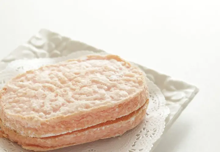Delicato dacquoise alle nocciole, un dolce leggero e friabile, servito su un piatto bianco con un centrino di pizzo.