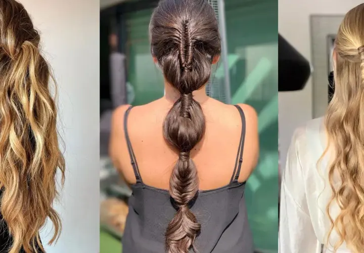 Tres estilos de recogidos pelo largo: trenza de burbujas, media coleta con ondas y trenza lateral.