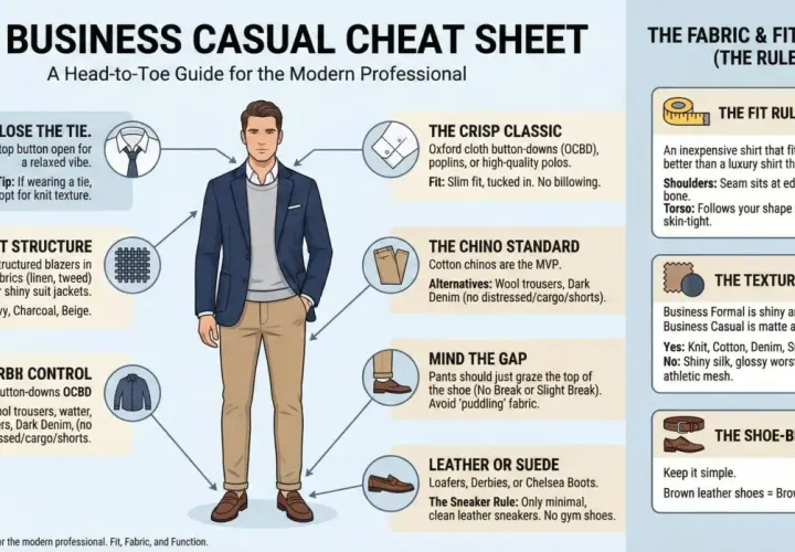 Mann im **business casual style**: dunkelblaues Sakko, grauer Pullover, Khaki-Chinos, braune Loafer. Infografik gibt Tipps zu Stoffen, Passform und Accessoires.