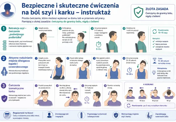 Instruktaż jak rozluźnić mięśnie karku: ćwiczenia na ból szyi, retrakcja szyi, rozluźnianie mięśni, ćwiczenia izometryczne.