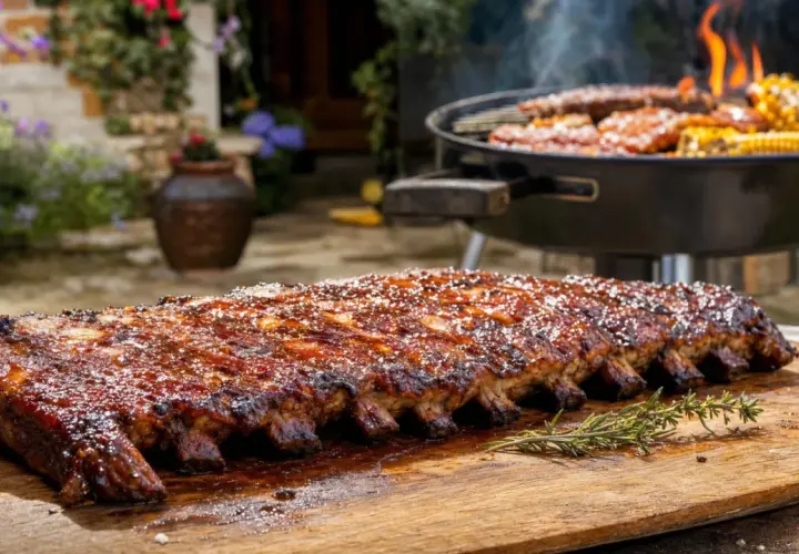 Côtelettes de porc au barbecue, brillantes et caramélisées, sur une planche en bois. Un barbecue fumant avec du maïs et d'autres viandes est visible en arrière-plan.