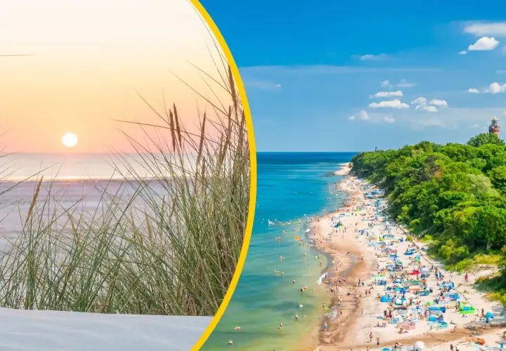 Zachód słońca nad morzem, plaża pełna ludzi i latarnia morska. W tle niebieska flaga, symbol czystej wody.