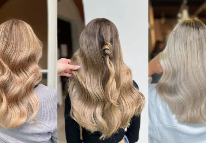 Trzy odsłony pięknych, falowanych włosów blond. Od ciepłego miodowego blondu, przez subtelne refleksy, po chłodny platynowy odcień. Idealna pielęgnacja włosów blond.