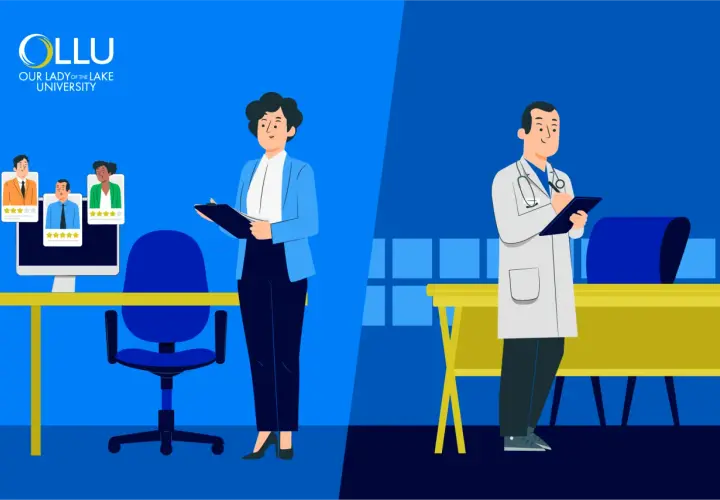A woman reviews candidate profiles on a computer, while a doctor takes notes. Pursue your online organizational leadership degree at OLLU.