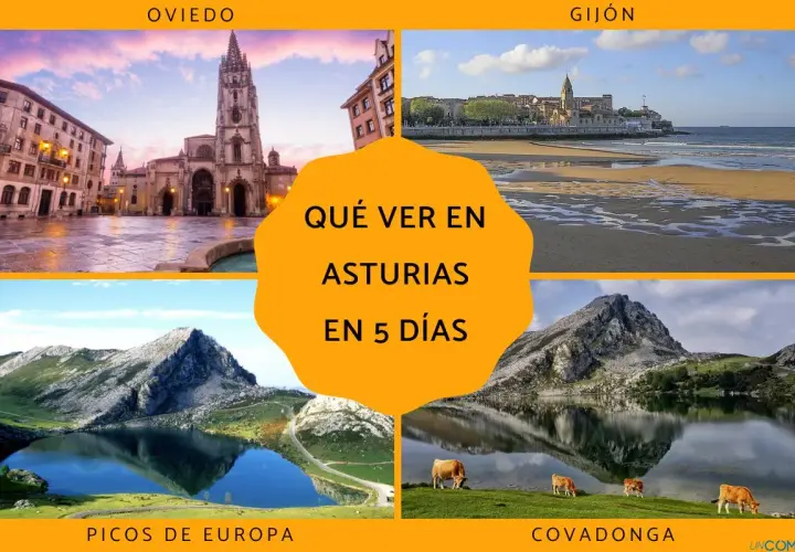 Collage de imágenes de Asturias: Oviedo, Gijón, Picos de Europa y Covadonga. Ideal para planificar qué ver en Asturias en 5 días.