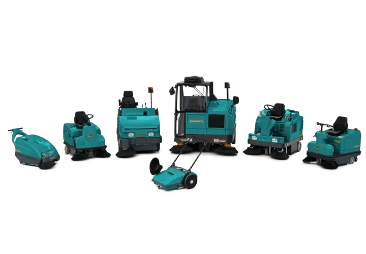 Variedad de equipos de limpieza industrial Eureka, desde compactas barredoras hasta máquinas de conductor acompañante y a bordo, listas para cualquier tarea.