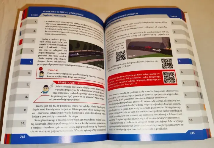 Kategoria c: podręcznik do nauki jazdy z ilustracjami i kodami QR, omawiający zasady zachowania odstępu od innych pojazdów.