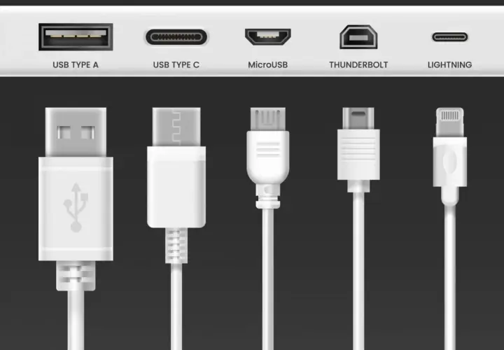 Différents types de connecteurs : USB A, USB C, Micro USB, Thunderbolt, Lightning. Une collection de câbles pour tous vos appareils.