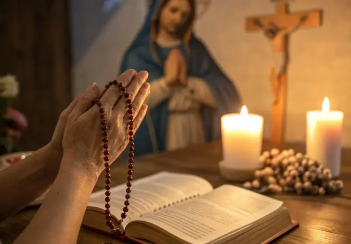 Dłonie trzymające różaniec, modlitwa o pracę. W tle figura Matki Boskiej, krzyż i świece.
