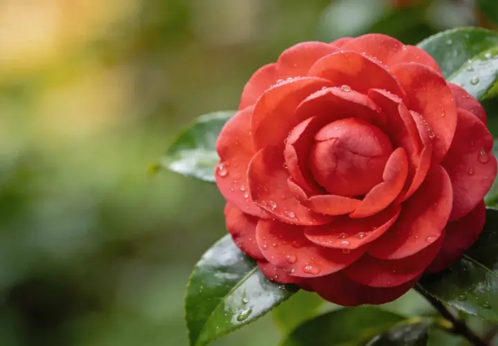 Camélia rouge éclatant, paré de perles de rosée, s'épanouit dans une douce lumière matinale. Une scène paisible, parfaite pour une exposition nord.