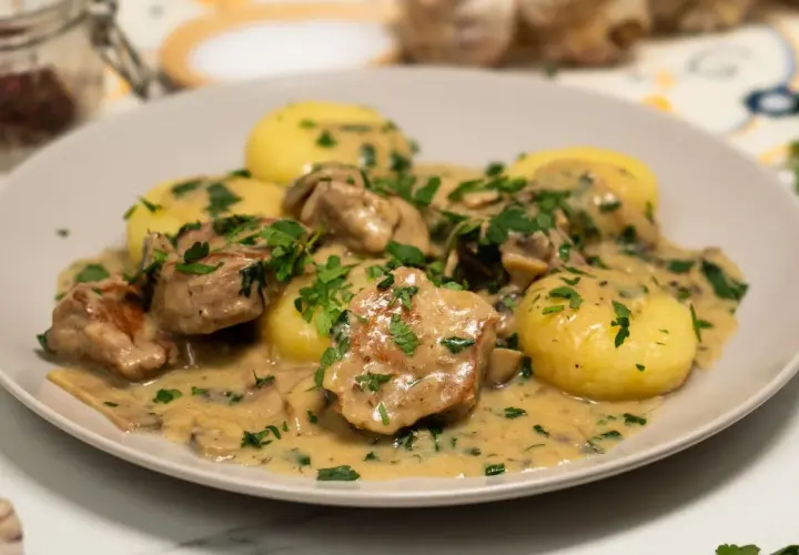 Polędwiczki w sosie pieczarkowym z ziemniakami, posypane natką pietruszki. Pyszne danie obiadowe.