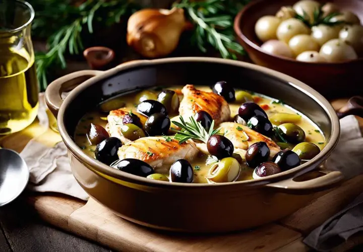 Un plat de poulet aux olives, garni de romarin frais, baignant dans une sauce onctueuse. Des oignons perlés et de l'huile d'olive complètent cette scène gourmande.