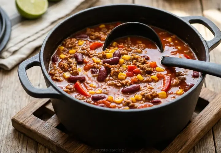 Pyszne chili con carne przepis w garnku. Mięso mielone, fasola, kukurydza i papryka w aromatycznym sosie.