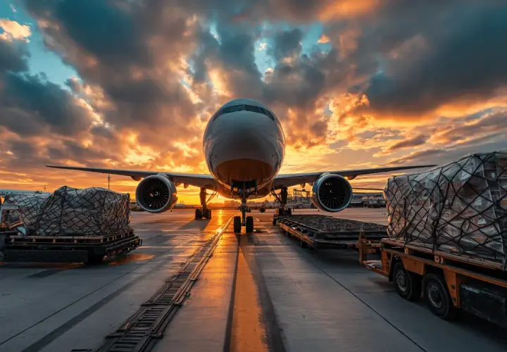 Flugzeug mit Fracht am Flughafen bei Sonnenuntergang. Die IATA regelt den weltweiten Luftverkehr.