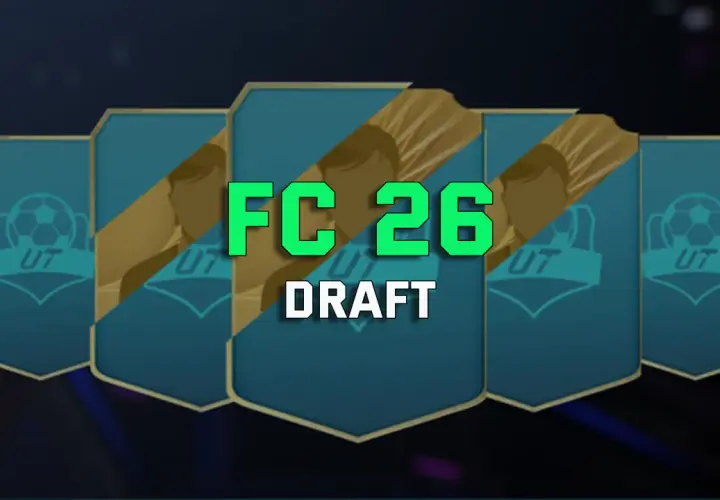 Grafika z napisem FC 26 DRAFT. Dowiedz się, jak grać draft ze znajomym w FC 26.
