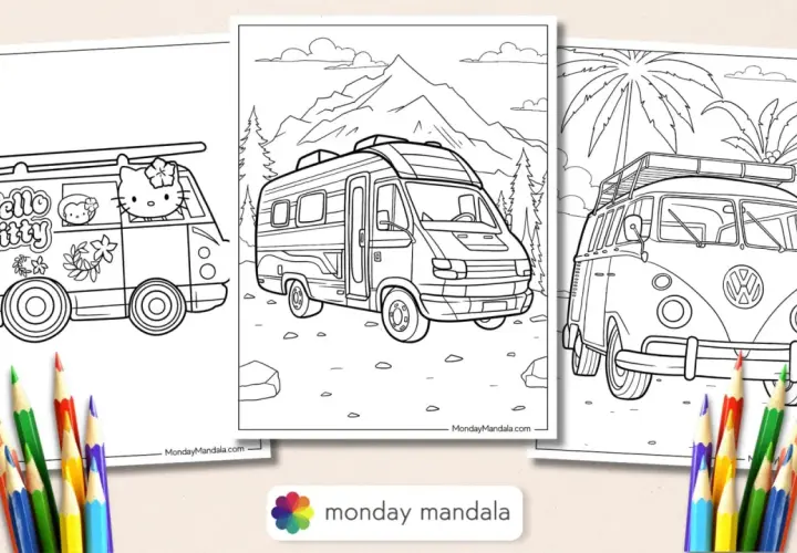 Dibujo furgoneta hippie para colorear con Hello Kitty, una camper y una VW clásica. ¡A pintar!