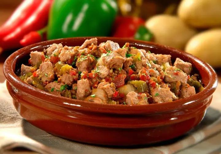 Un plat d'axoa de veau mijoté avec des poivrons et des oignons, garni de persil frais, dans un bol en terre cuite.