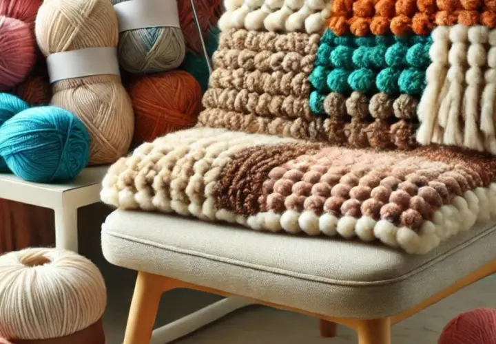 Manta tejida con texturas y colores variados, como mechas chunky delanteras, sobre una silla. A su lado, ovillos de lana de distintos tonos.
