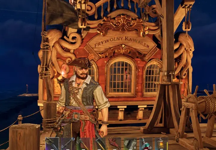 Piracki kapitan na pokładzie statku, gotowy do gry w gry survival coop.