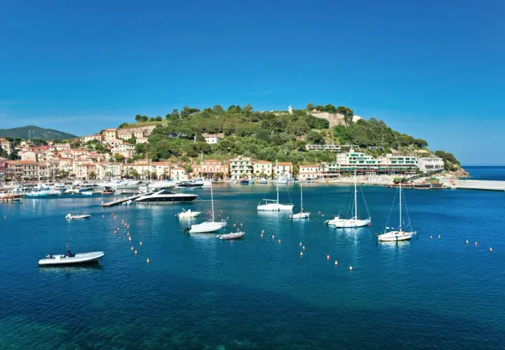 Vue panoramique de Porto Azzurro, avec ses maisons colorées, sa colline verdoyante et son port animé rempli de voiliers et de bateaux.