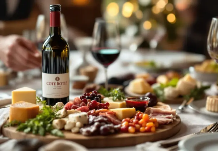 Bouteille de vin rouge Côte Rôtie, parfaite pour accompagner un buffet froid de fromages et charcuteries.