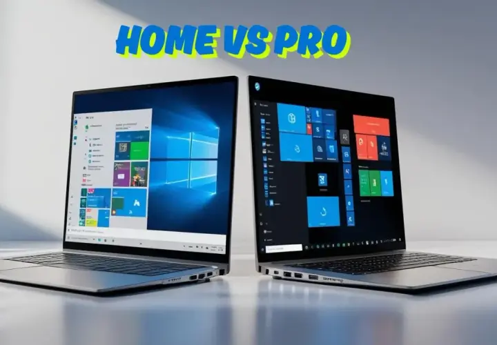 Dwa laptopy prezentują interfejsy Windows 11 Home vs Pro. Jeden z jasnym menu Start, drugi z ciemnym, pełnym kafelków.