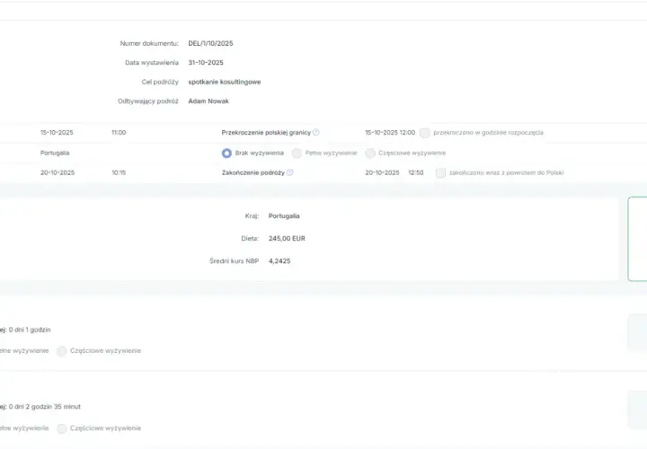 Formularz delegacji zagranicznej do Portugalii z podsumowaniem kosztów diety.