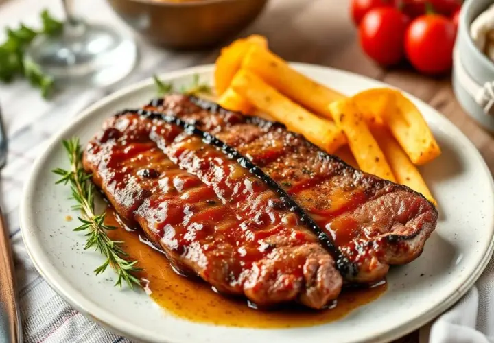 Délicieux rumsteak recette, nappé d'une sauce savoureuse, servi avec des frites croustillantes et une touche de romarin frais.