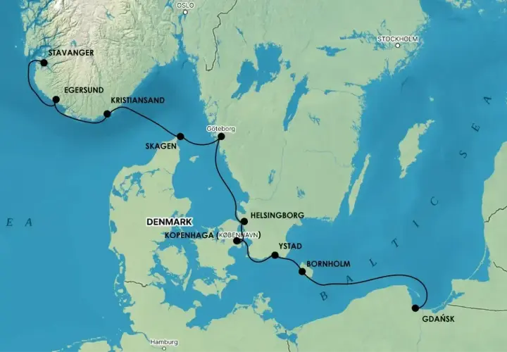 Trasa podróży samochodem do Szwecji przez Danię i Morze Bałtyckie, z przystankami w Kopenhadze, Ystad i Bornholmie, a następnie do Gdańska.