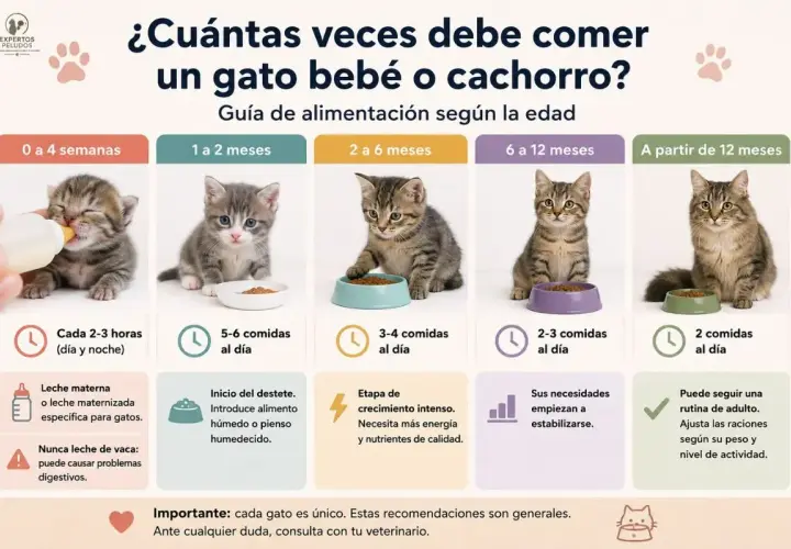 Guía de alimentación para gatitos: qué comen los gatos bebés varía según su edad, desde leche materna hasta comida sólida.