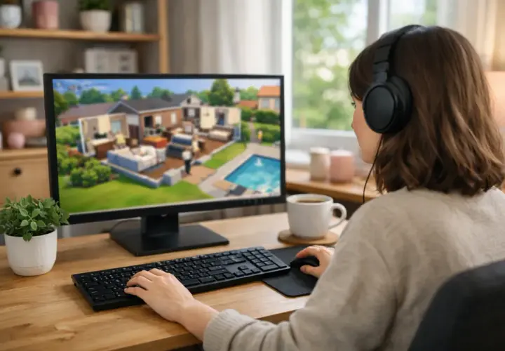 Une personne joue aux Sims 4 sur son PC, configurant une maison avec piscine.