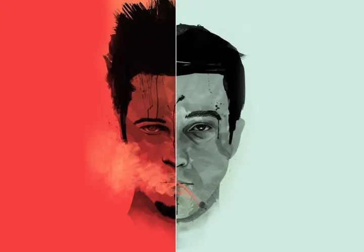 Volti divisi in due, rosso e grigio, che evocano il fight club significato psicologico della dualità e della lotta interiore.