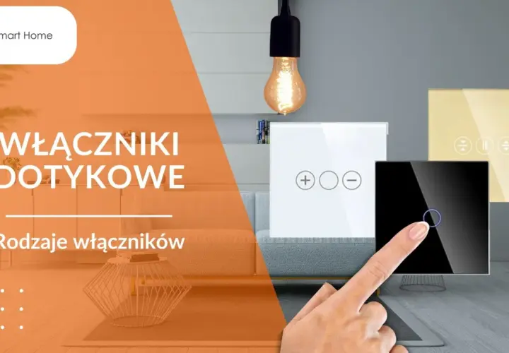 Różne rodzaje włączników światła: dotykowe, szklane, z ikonami plus, minus i okręgu.