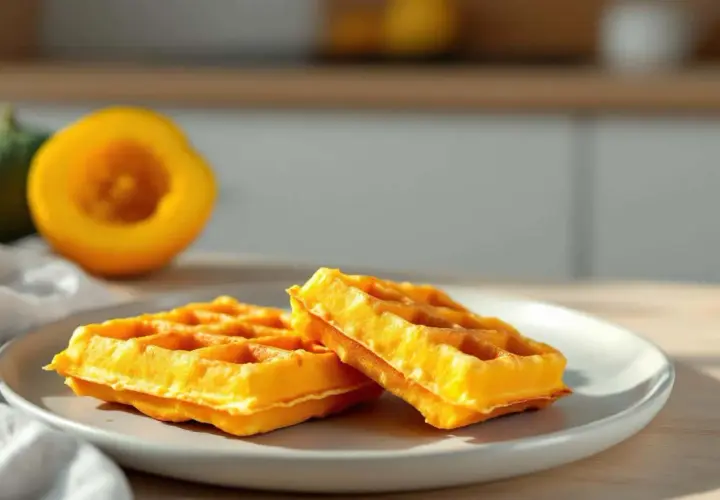 Deux gaufres lyonnaises dorées sur une assiette, avec une courge coupée en deux en arrière-plan.