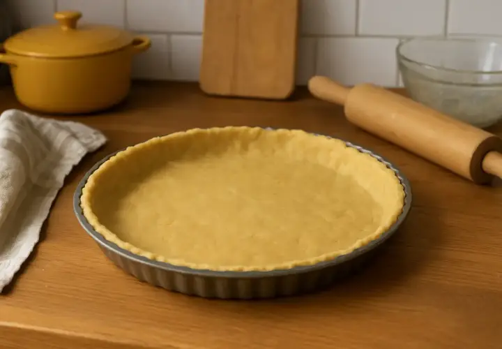 Une pâte brisée sans beurre, prête à être garnie, repose dans un moule à tarte. Un rouleau à pâtisserie et une serviette sont à proximité.