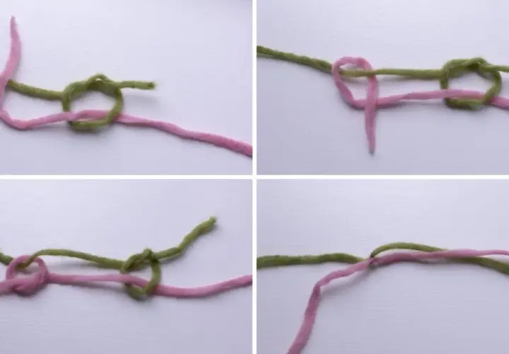 Instruktioner för att knyta en knut med rosa och grönt garn. Som en elegant knut i en sleek bun.