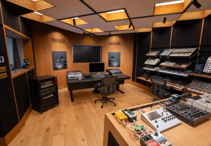 Studio d'enregistrement professionnel : synthétiseurs, tables de mixage, enceintes et racks d'équipement. Un espace idéal pour créer un studio d'enregistrement professionnel, prix abordable.