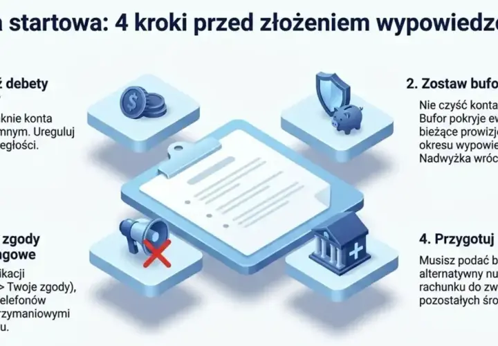 Wniosek o zamknięcie konta bankowego wzór: 4 kroki przed wypowiedzeniem. Sprawdź debety, zostaw bufor, wycofaj zgody marketingowe i przygotuj nowe konto.