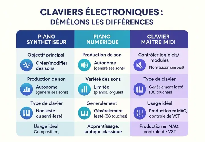 Tableau comparatif des claviers électroniques : synthétiseur, piano numérique ou clavier maître MIDI.